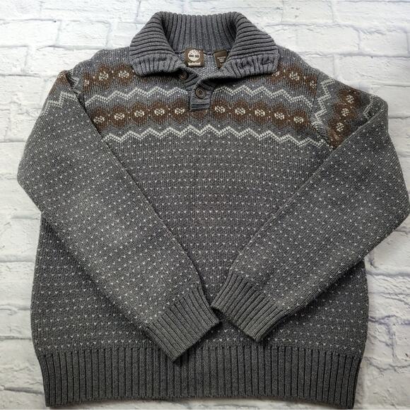 Gray Timberland Convertible Button Mock Turtleneck Fair Isle Sweater size Large - Picture 2 of 16